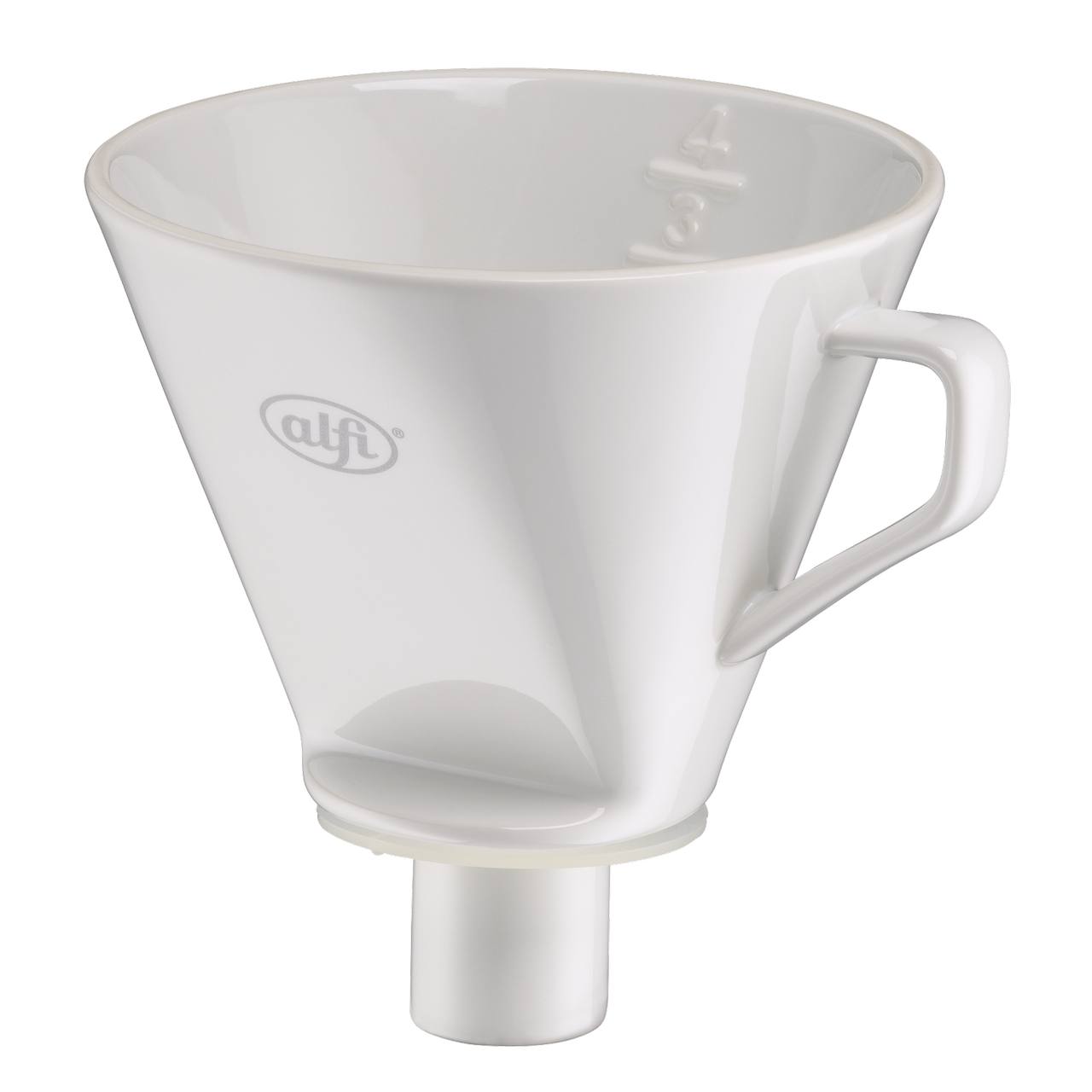 Ein weißer Plastik-Kaffeefilterhalter in konischer Form mit seitlichem Griff und unten einer Öffnung.