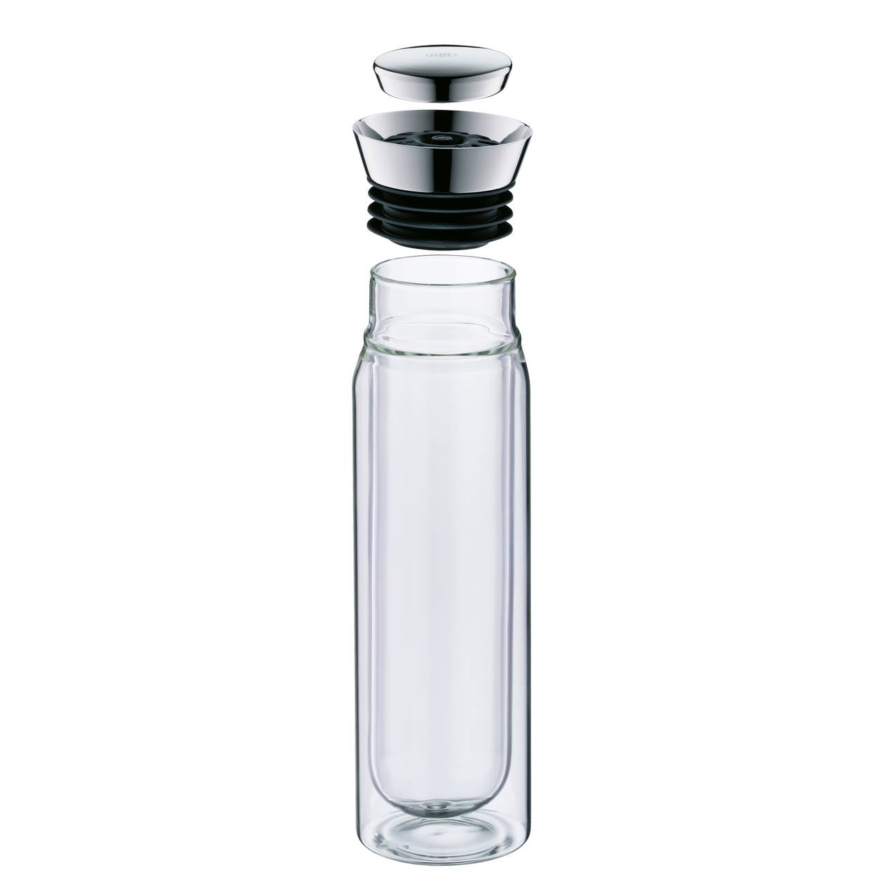 Das Bild zeigt eine transparente Glaskaraffe mit einem eleganten, schwarzen Verschluss. Die Form der Karaffe ist schlank und zylindrisch. Der Verschluss scheint aus Edelstahl zu sein und passt sich nahtlos in das Design ein.