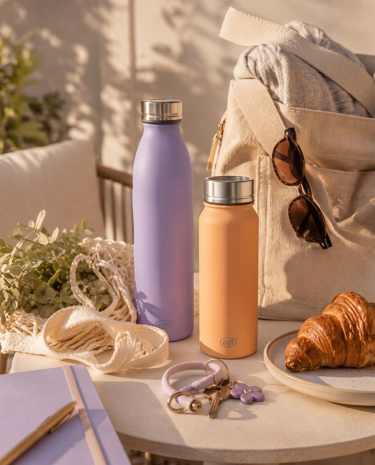 PURE Isolierbecher und Isolerflasche auf einem Tisch mit Tasche und Sonnenbrille
