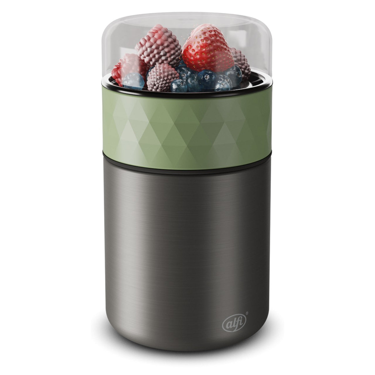 Ein zylinderförmiger Behälter mit einem Edelstahlboden und grünem geometrischem Muster ist mit gefrorenen Beeren gefüllt. Der Behälter wird von einem durchsichtigen Deckel abgedeckt.