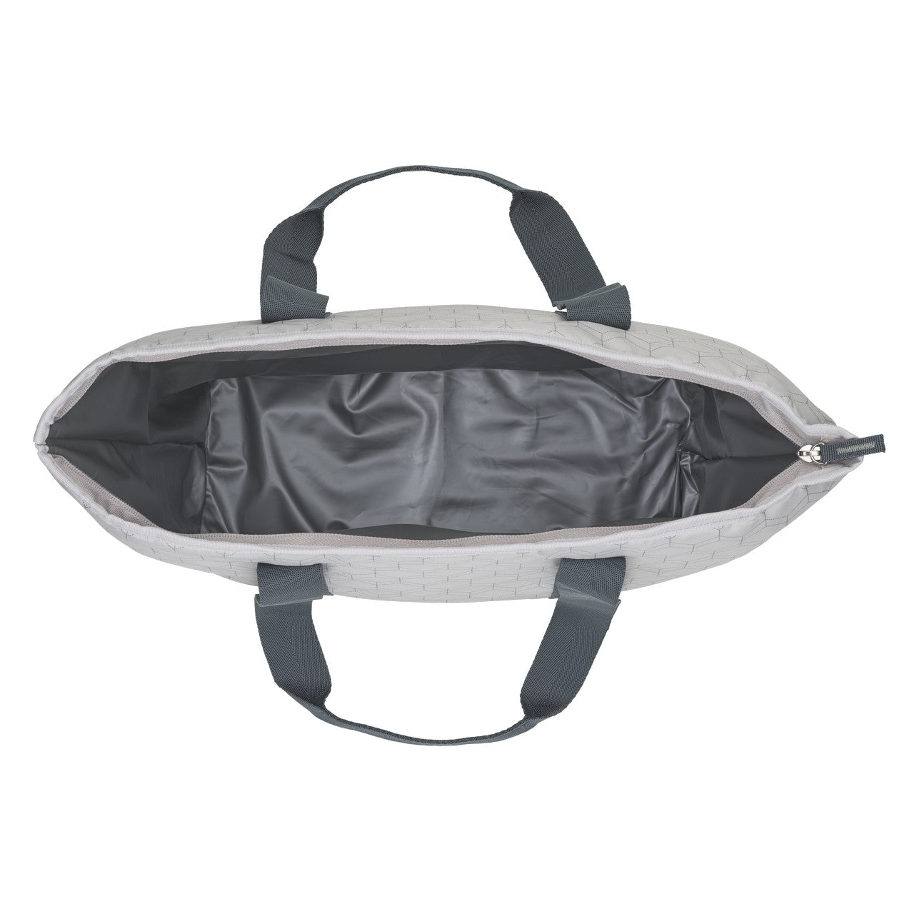 Das Bild zeigt eine geöffnete, graue Tasche aus einem geflochten wirkenden Material, die von oben betrachtet wird. Sie hat zwei dunkelgraue Tragegriffe und einen Reißverschluss, und das Innere der Tasche ist glatt ausgekleidet.