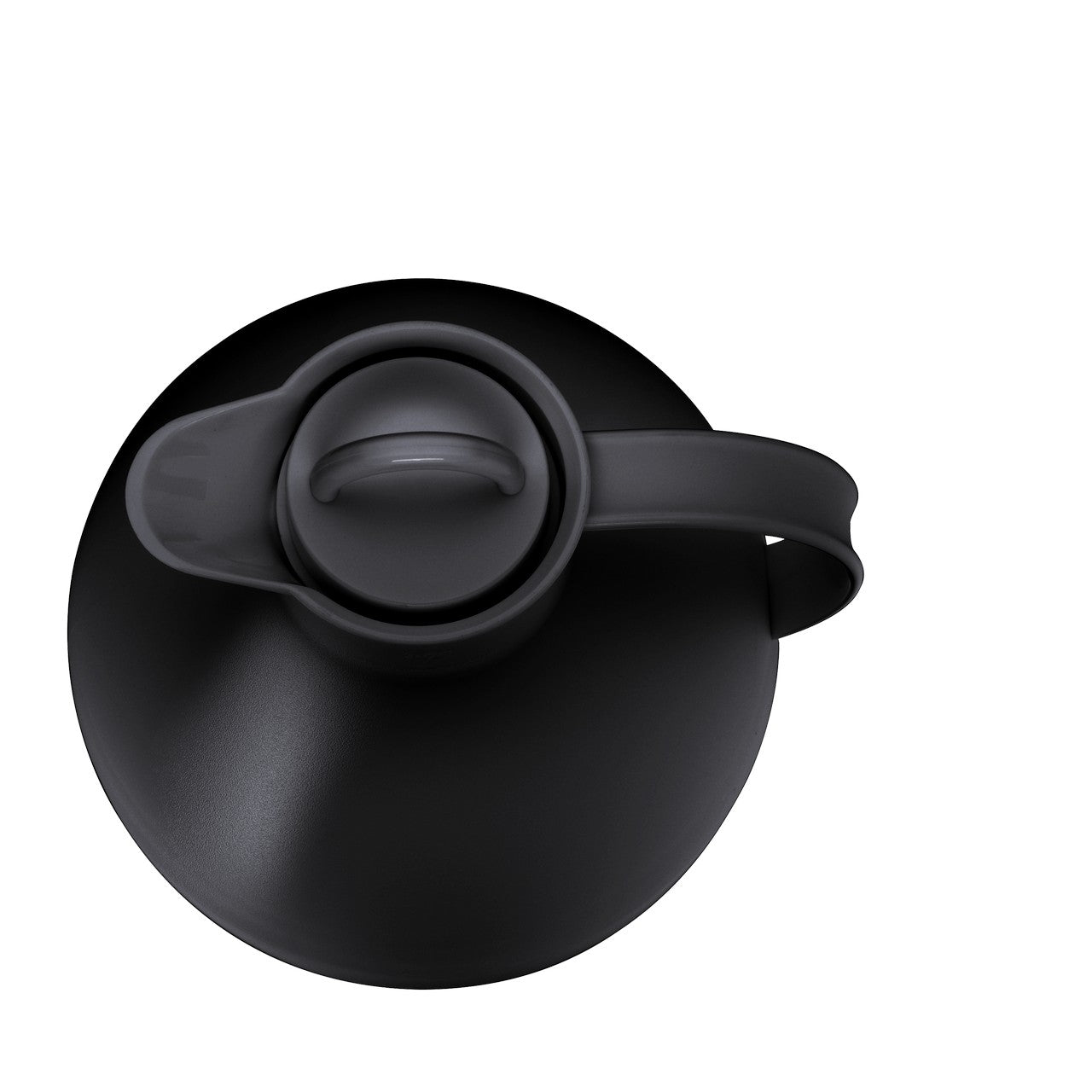 Auf dem Bild ist die Draufsicht auf eine schwarze Thermoskanne mit einem Deckel zu sehen. Der Griff der Kanne zeigt nach rechts. Der Deckel hat eine kleine Lasche zum einfachen Öffnen.