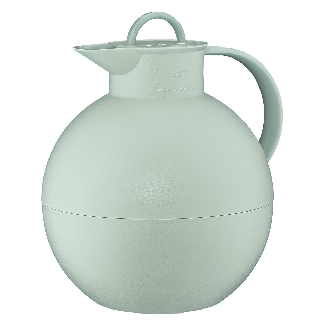 Das Bild zeigt eine hellgrüne, kugelförmige Thermoskanne mit einem Griff auf der rechten Seite. Die Kanne hat oben einen kleinen Ausguss und einen runden Deckel.