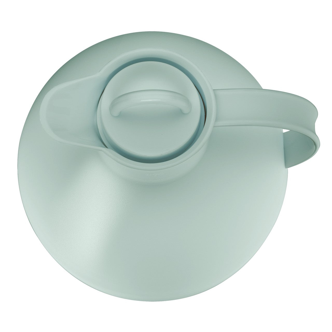 Das Bild zeigt die Oberansicht einer hellgrünen Teekanne oder Isolierkanne. Man sieht den Deckel mit Griff sowie den Henkel der Kanne. Der Blickwinkel ist so gewählt, dass die Kanne fast kreisförmig erscheint.