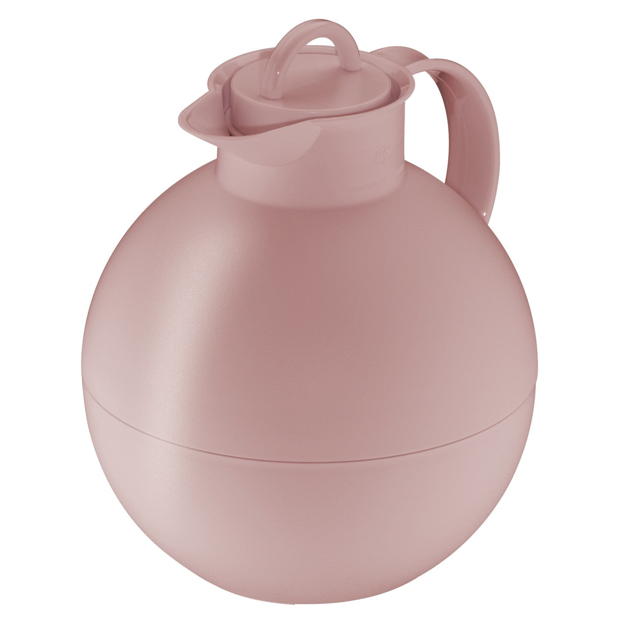 Das Bild zeigt eine rosafarbene, kugelförmige Thermoskanne mit einem Henkel und einem Deckel, der einen integrierten Griff hat. Die Oberfläche der Kanne ist matt und glatt.