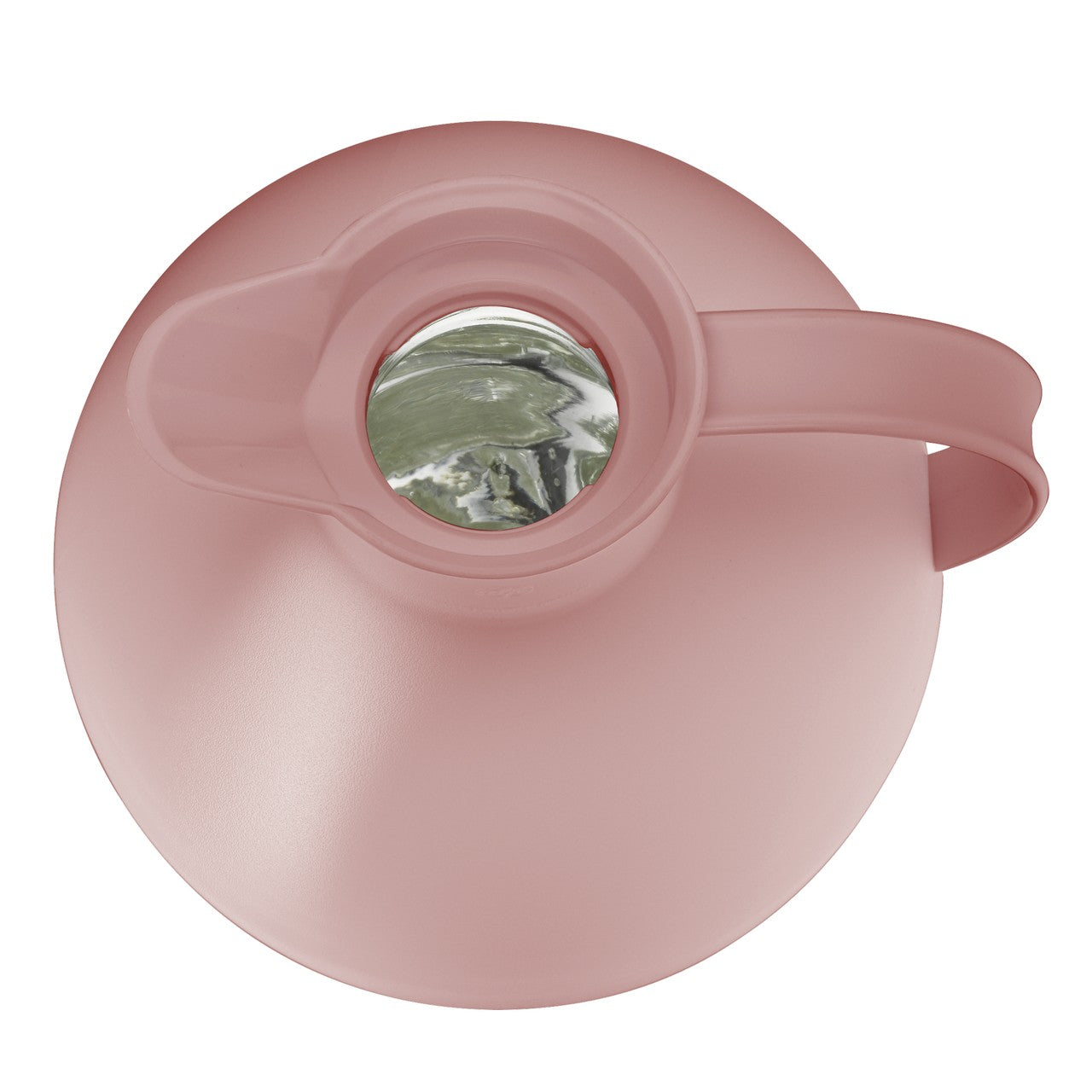 Das Bild zeigt eine rosa Thermoskanne von oben, wobei die rundliche Form und der Griff sichtbar sind. In der Mitte ist die glänzende, metallische Öffnung der Kanne zu sehen.