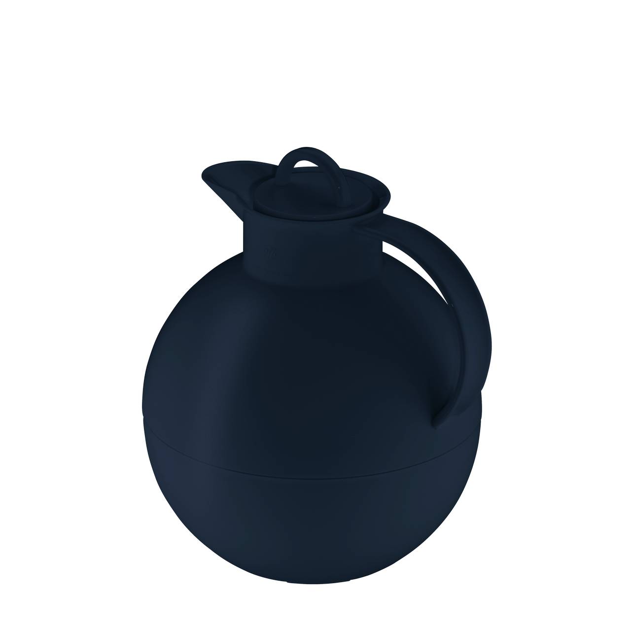 Das Bild zeigt eine dunkelblaue kugelförmige Thermoskanne mit einem Griff und einem Ausgießer. Der Deckel ist flach mit einem kleinen Griff in der Mitte. Die Kanne hat ein schlichtes, modernes Design.
