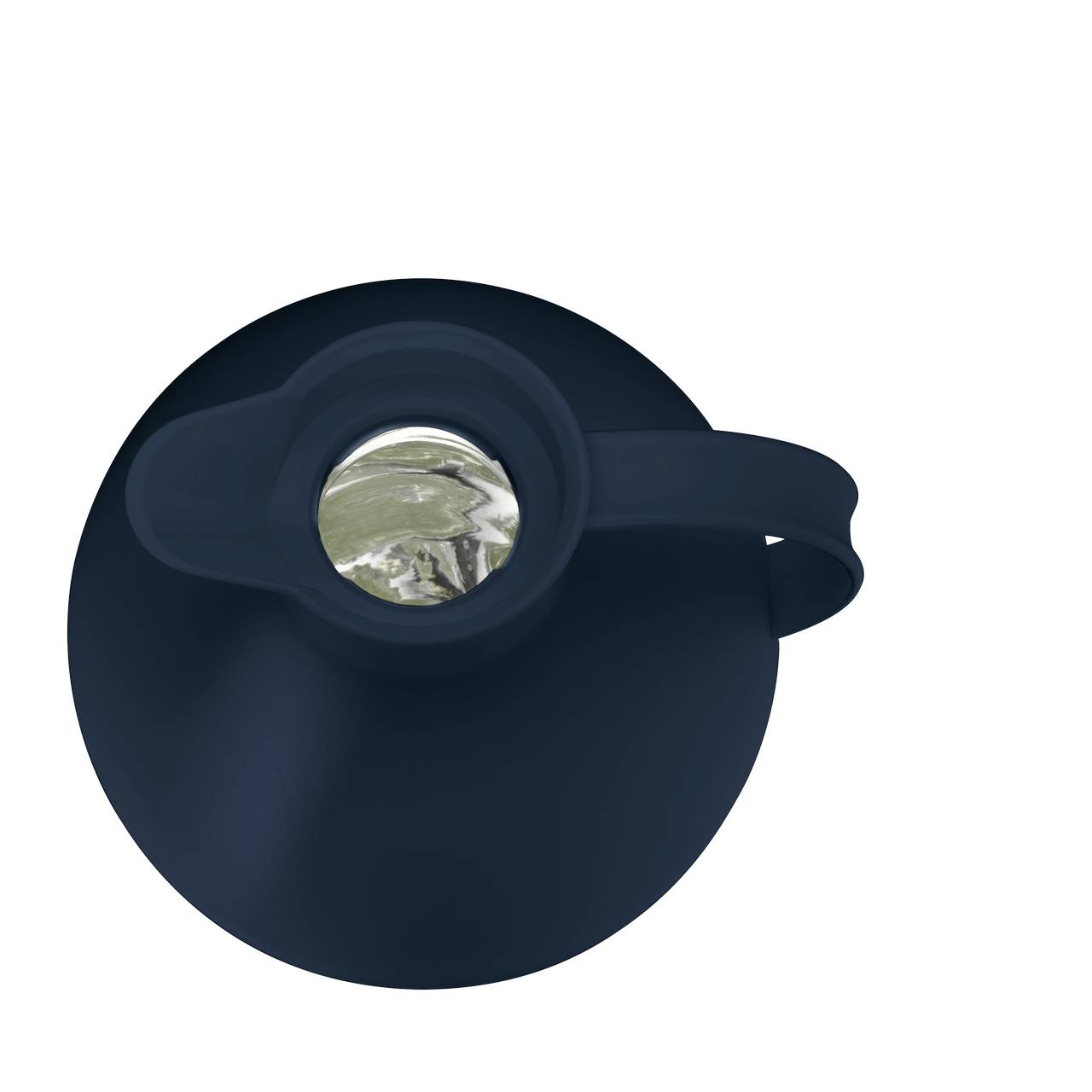 Das Bild zeigt die Vogelperspektive auf eine dunkelblaue Flasche mit einem runden, offenen Verschluss. Durch die Öffnung sieht man eine reflektierende, silberne Innenseite.