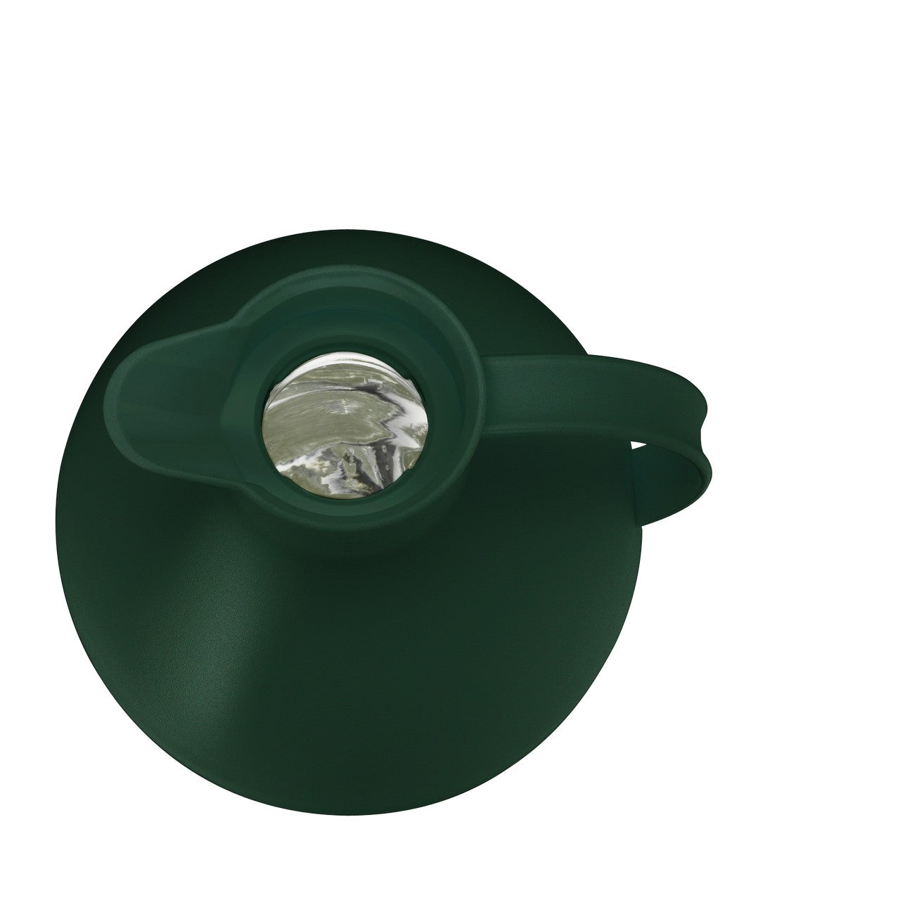 Das Bild zeigt die Draufsicht auf eine grüne Flasche mit einem Griff rechts. Der Flaschenhals ist offen, und man sieht die silberne Innenseite.