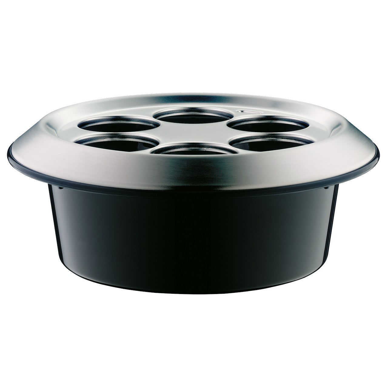 Das Bild zeigt eine runde, schwarze Backform mit einem silbernen Deckel, der sechs runde Aussparungen hat. Die Form sieht robust aus und scheint zum Backen von Muffins oder ähnlichem Gebäck geeignet zu sein.