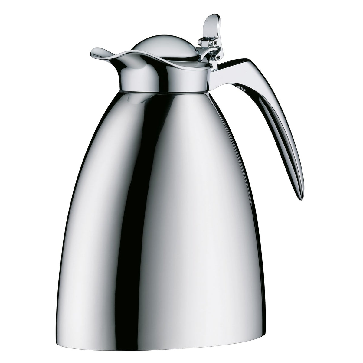 Auf dem Bild ist eine glänzende, silberne Thermoskanne aus Metall zu sehen. Sie hat eine bauchige Form mit einem eleganten, gebogenen Griff und einem kleinen Ausgießer. Der Deckel ist klappbar und nahtlos in das Design integriert.
