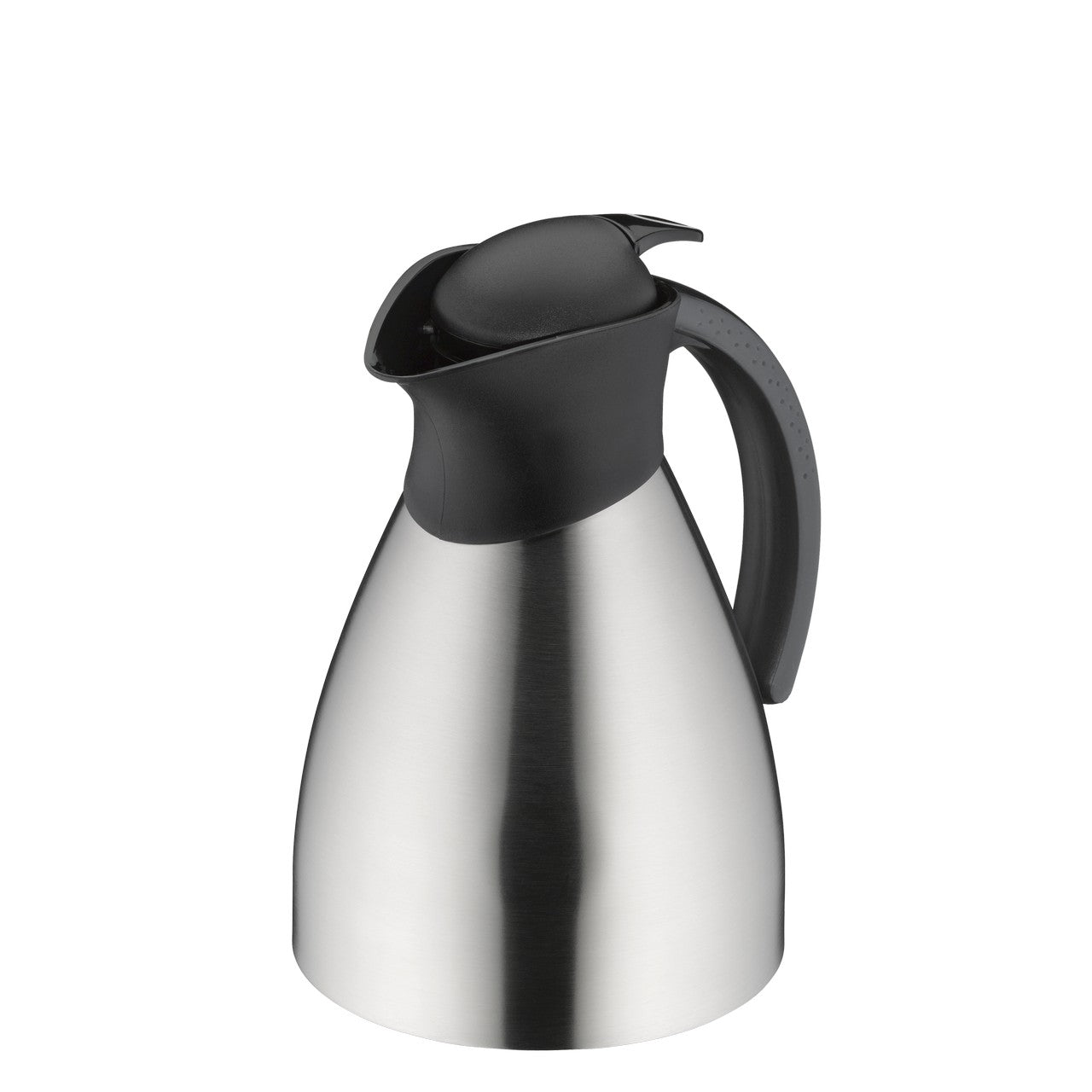Das Bild zeigt eine metallene Thermoskanne mit einer polierten silbernen Oberfläche. Sie hat einen schwarzen Plastikgriff und einen schwarzen Deckel mit einem Ausgussmechanismus.
