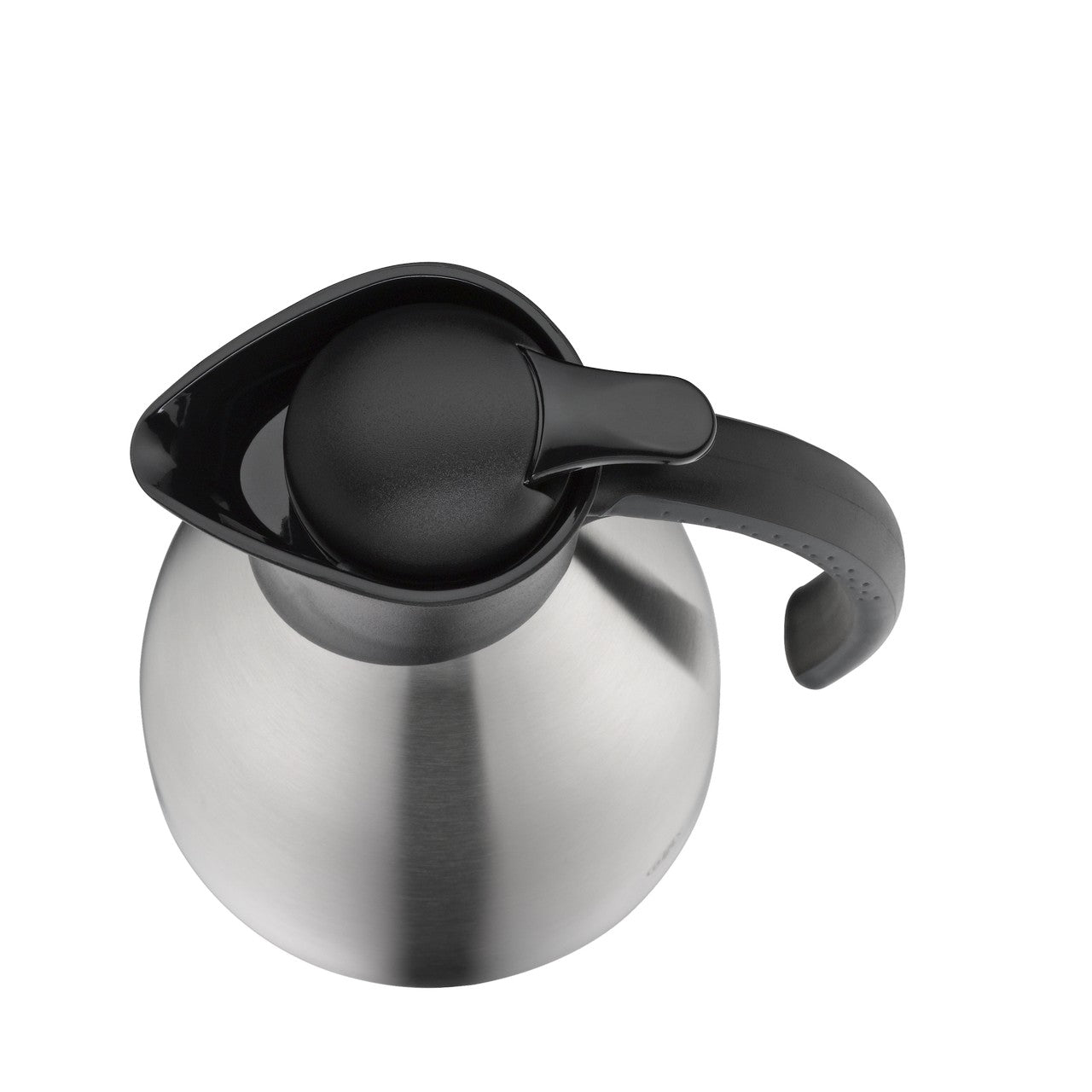 Die silberne, bauchige Kanne hat einen schwarzen, ergonomischen Griff und Deckel. Sie wirkt modern und funktional mit glatter, metallischer Oberfläche. Der Deckel hat offenbar einen Ausgießmechanismus.