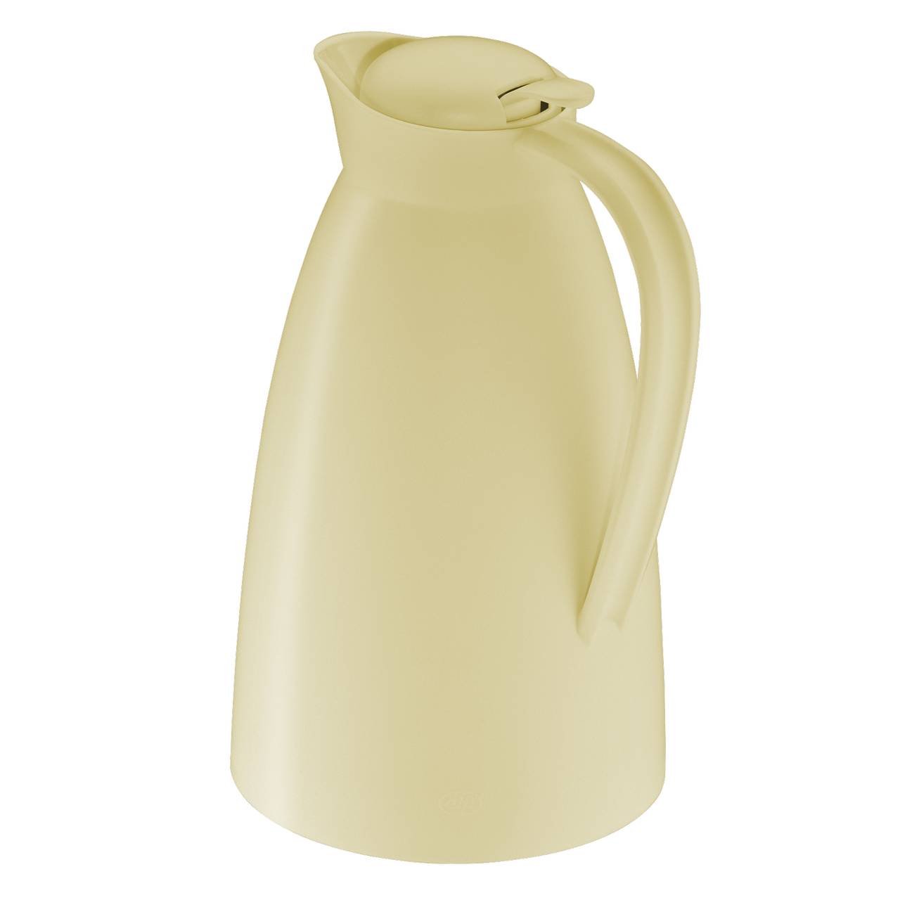 Das Bild zeigt eine beigefarbene Thermoskanne mit einem schlanken, geschwungenen Griff. Der Deckel der Kanne ist fest verschlossen und hat eine leicht kegelförmige Form.