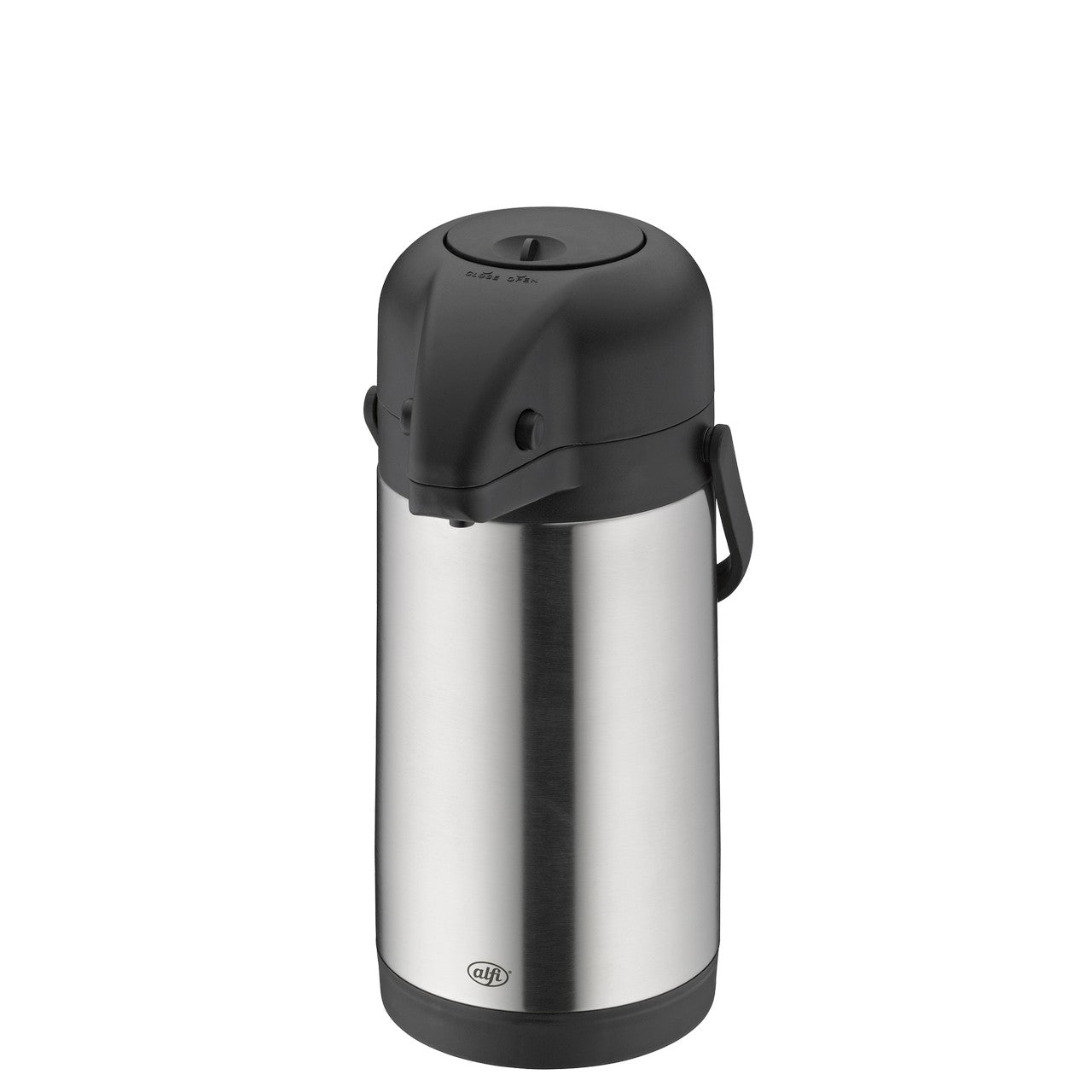 Das Bild zeigt eine silberne Thermoskanne mit einem schwarzen Deckel. Die Kanne hat einen Tragegriff an der Seite und einen Druckknopfmechanismus oben. Sie wirkt robust und ist für Flüssigkeiten geeignet.