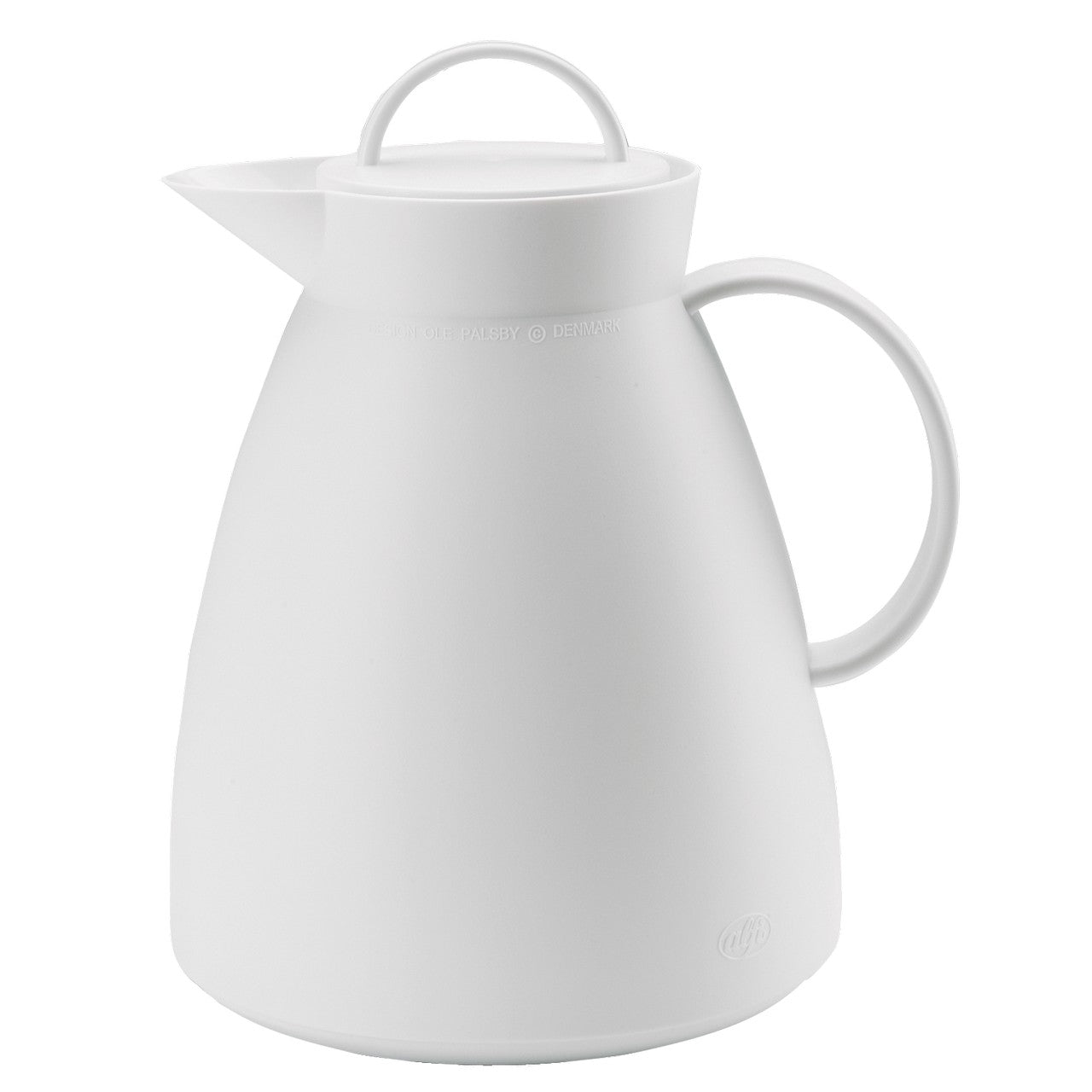 Das Bild zeigt eine weiße Thermoskanne mit einem schlichten, modernen Design. Sie hat einen breiten Körper, einen schmalen Ausguss und einen runden Griff an der Seite. Der Deckel ist ebenfalls weiß und flach mit einem kleinen, integrierten Griff.