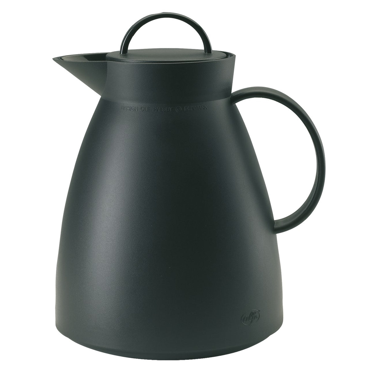 Das Bild zeigt eine schwarze Thermoskanne mit einem geschwungenen Henkel und einem abnehmbaren Deckel oben. Die Kanne hat ein schlichtes, modernes Design mit glatten Oberflächen und einem spitz zulaufenden Ausguss vorn.