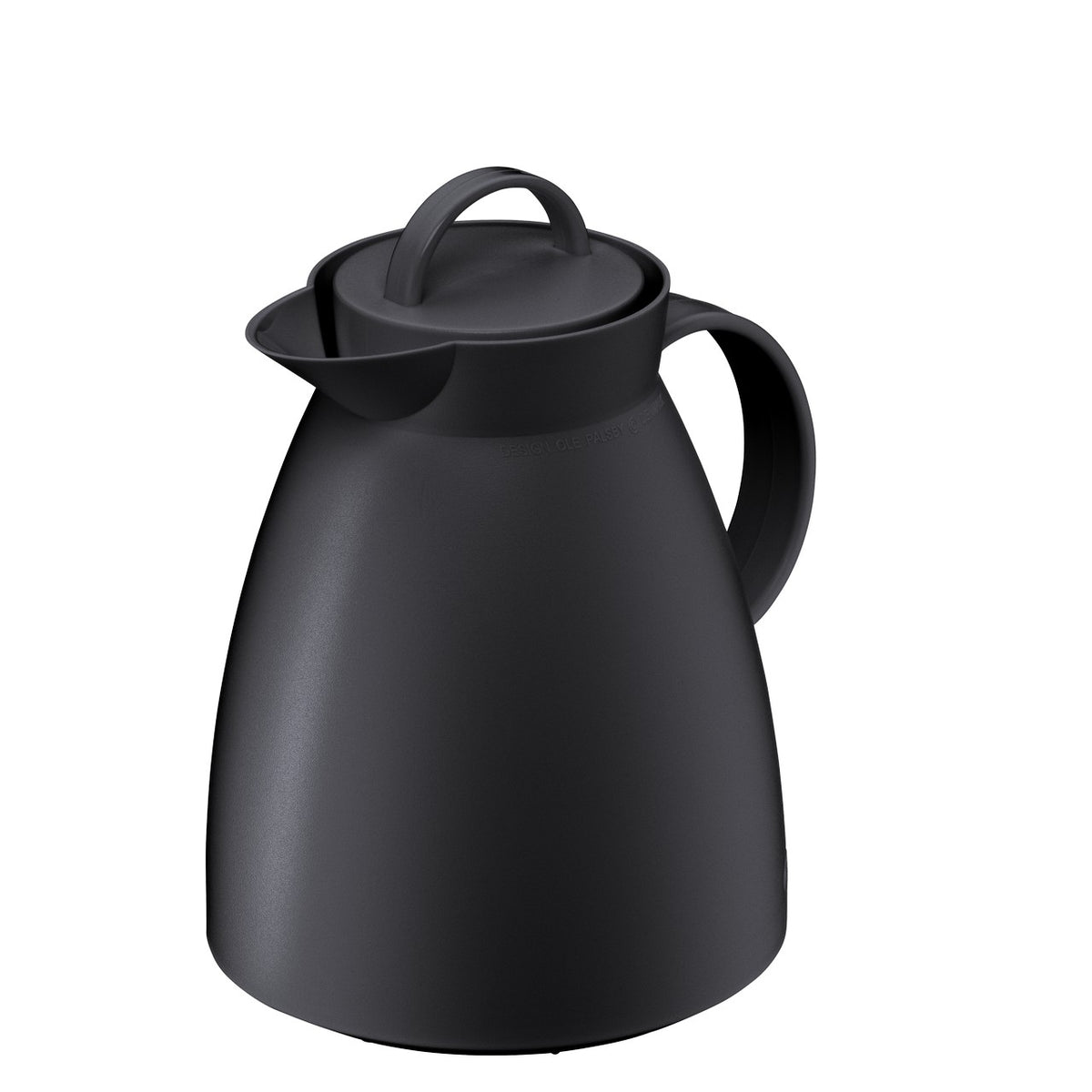 Das Bild zeigt eine schwarze Thermoskanne mit einem bauchigen Design. Die Kanne hat einen Deckel mit einem Griff oben und einen seitlichen Henkel zum Ausgießen. Sie wirkt schlicht und modern.