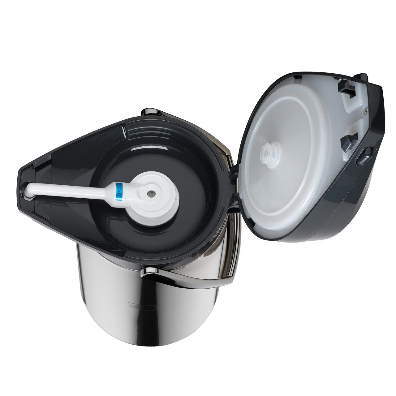 Es handelt sich um einen elektrischen Wasserkocher aus Edelstahl mit einem schwarzen Deckel, der geöffnet ist. Der Griff ist ebenfalls schwarz, und es gibt eine Wasserstandsanzeige an der Seite.