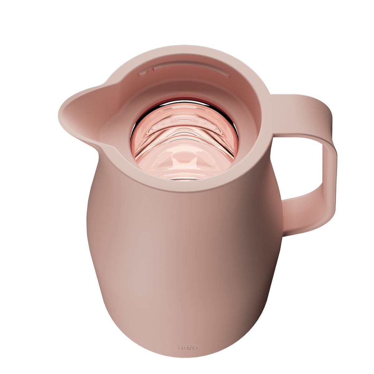 Das Bild zeigt einen rosa-weißen Krug mit einer breiten Tülle und einem großen Griff. Der Krug hat einen glänzenden, metallisch aussehenden Innenraum.