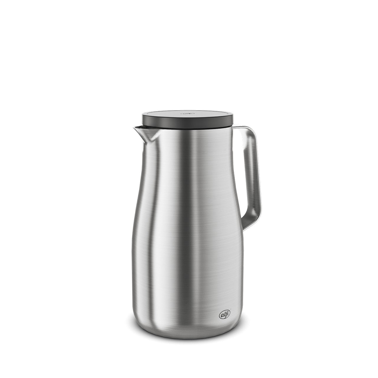 Das Bild zeigt eine schlichte, elegante Thermoskanne aus gebürstetem Edelstahl mit einem schwarzen Deckel. Sie hat einen ergonomischen Griff an der Seite und einen kleinen Ausguss. Die Kanne wirkt modern und minimalistisch.