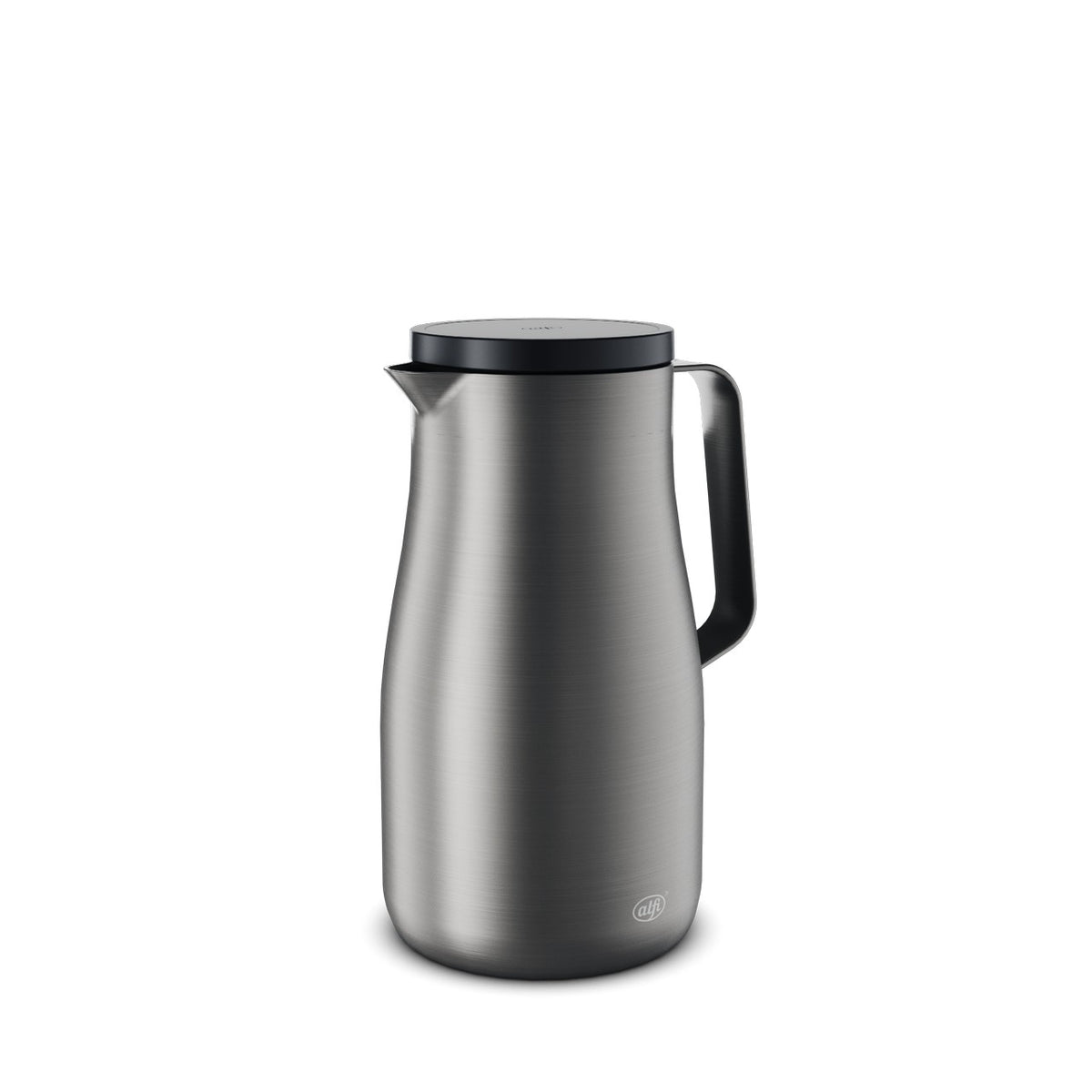Das Bild zeigt eine silberne Thermoskanne mit einem schlanken, modernen Design. Die Kanne hat einen schwarzen Deckel und einen schwarzen Griff. Sie steht vor einem weißen Hintergrund.