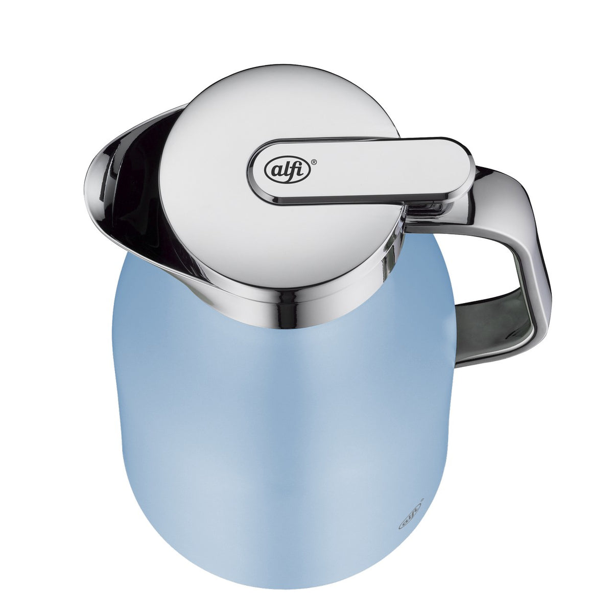Das Bild zeigt eine blaue Thermoskanne mit einem glänzenden metallischen Deckel und Griff. Der Deckel hat eine runde Öffnung oben, durch die man ins Innere der Kanne blicken kann.