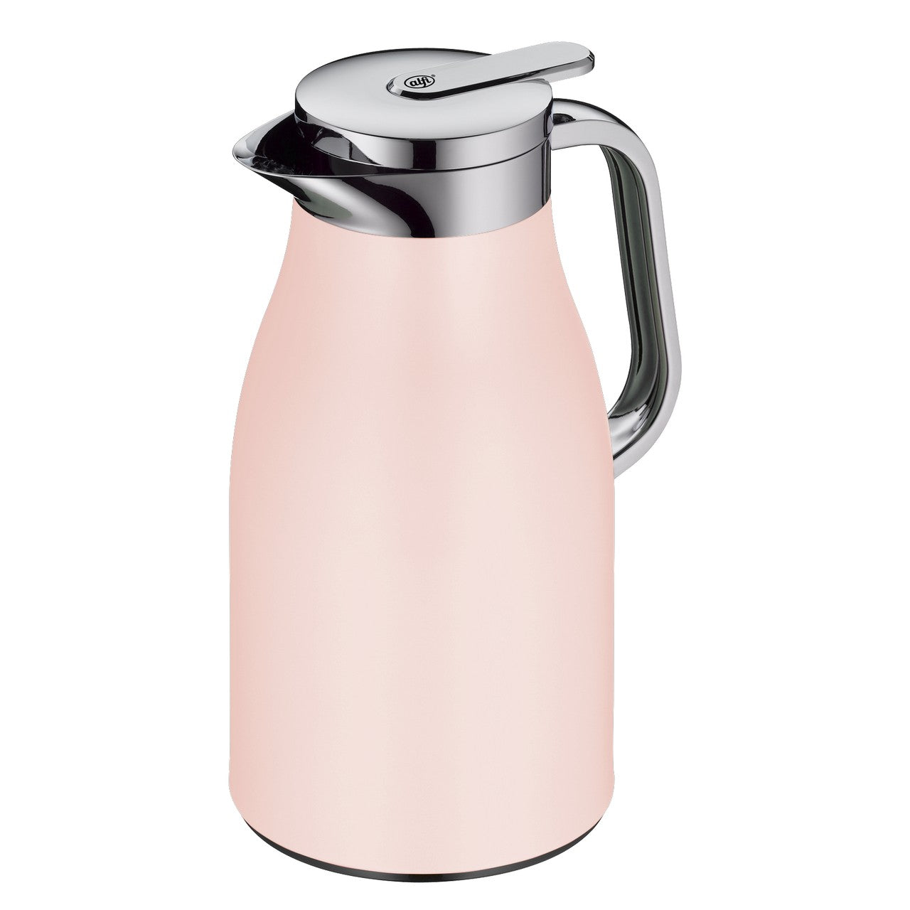 Das Bild zeigt eine rosafarbene Thermoskanne mit einem silbernen Deckel und Griff. Der Deckel hat eine glänzende, spiegelähnliche Oberfläche, und der Griff ist ergonomisch geformt.