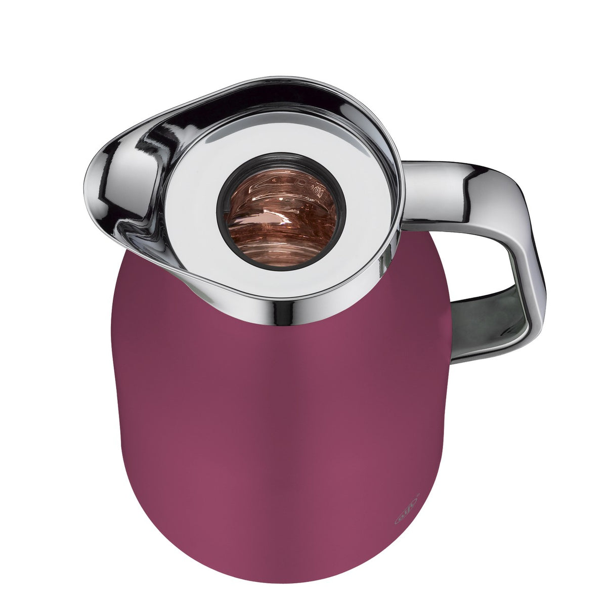 Eine Hand hält eine große Thermoskanne mit einem rosa Körper und einem glänzenden, silbernen Deckel und Griff. Die Kanne hat ein modernes Design und wirkt funktional und elegant.