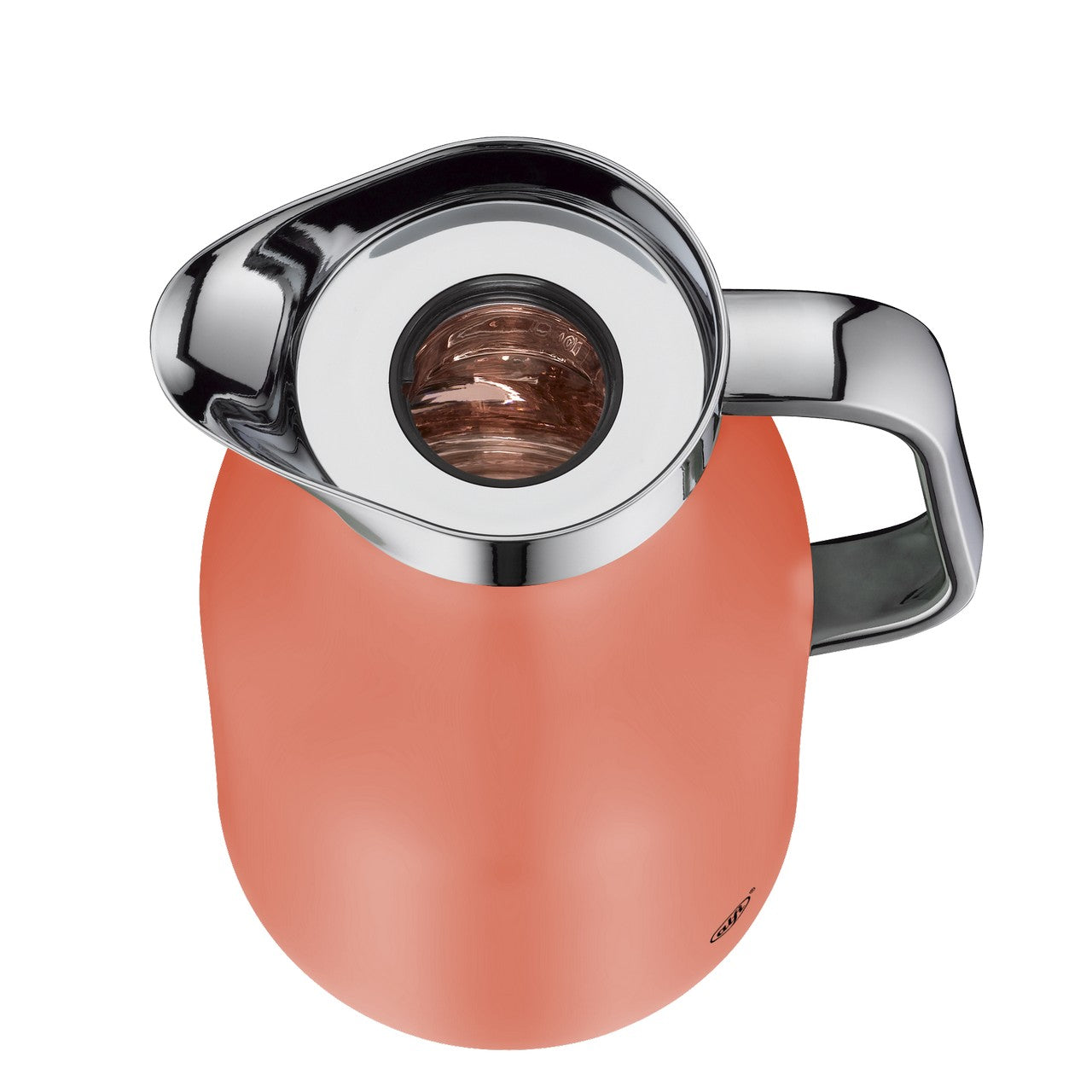 Auf dem Bild ist eine orangene Isolierkanne mit einem silbernen Deckel und Griff zu sehen. Eine Hand hält den Griff der Kanne.