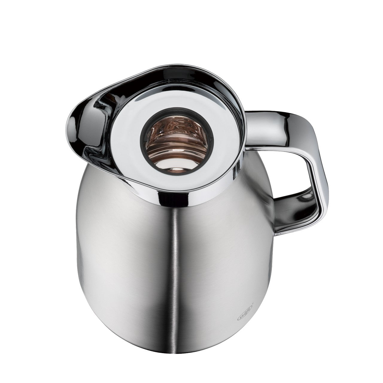 Das Bild zeigt eine silberne Thermoskanne mit einem glänzenden Chromgriff. Die Kanne hat eine offene Oberseite mit einer spiralförmigen Innenansicht. Der Stil ist modern und minimalistisch.