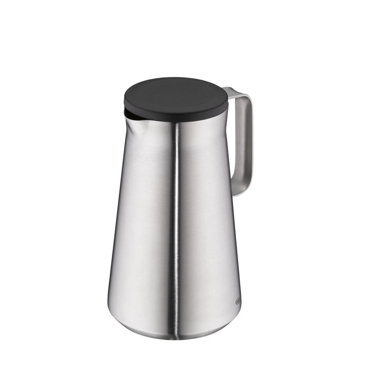 Das Bild zeigt eine konische Edelstahlkanne mit einem schwarzen Deckel und einem Griff an der Seite. Die Kanne hat ein minimalistisches, modernes Design.