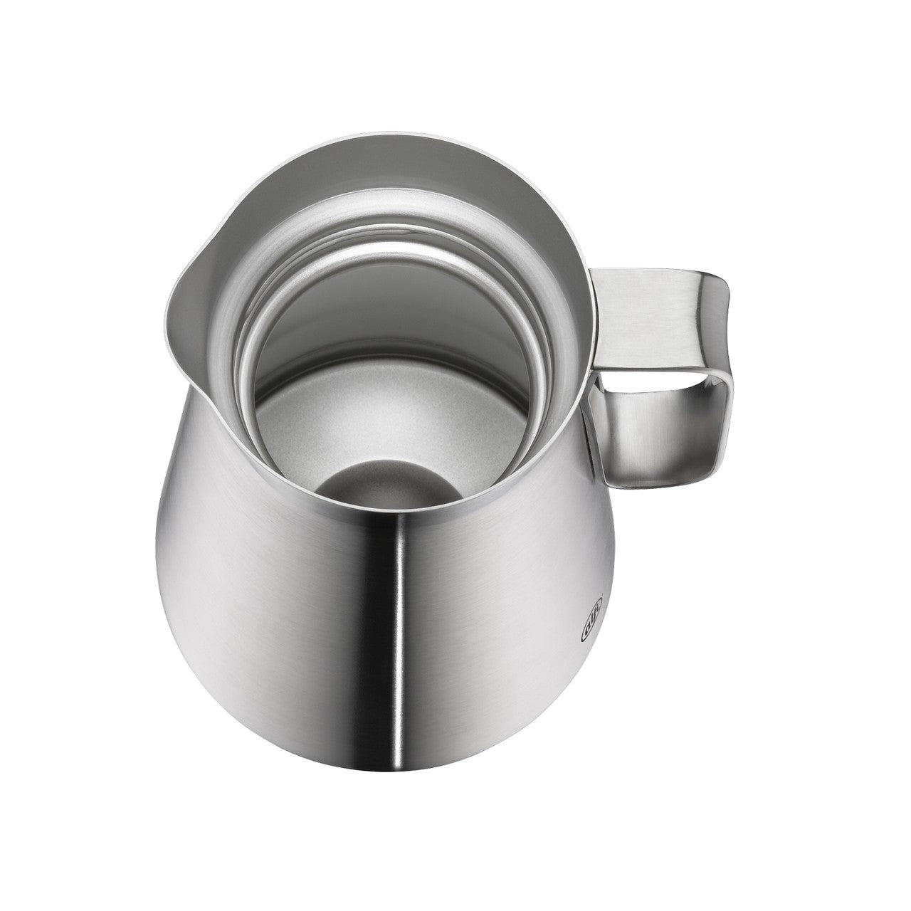 Das Bild zeigt einen silbernen, metallischen Wasserkocher von oben. Der Deckel ist geöffnet, und der Griff befindet sich auf der rechten Seite. Der Wasserkocher hat ein modernes, zylindrisches Design.