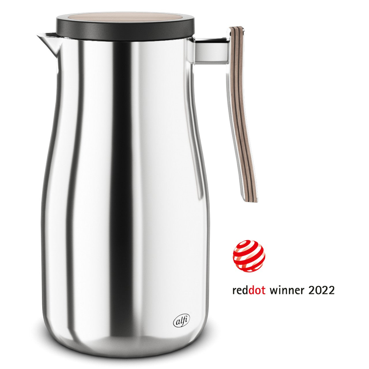 Das Bild zeigt eine glänzende Isolierkanne aus Edelstahl mit einem schlanken, kurvigen Design. Der Griff ist aus Holz oder einem holzähnlichen Material gefertigt. Neben der Kanne befindet sich ein rotes Symbol mit einem Häkchen.