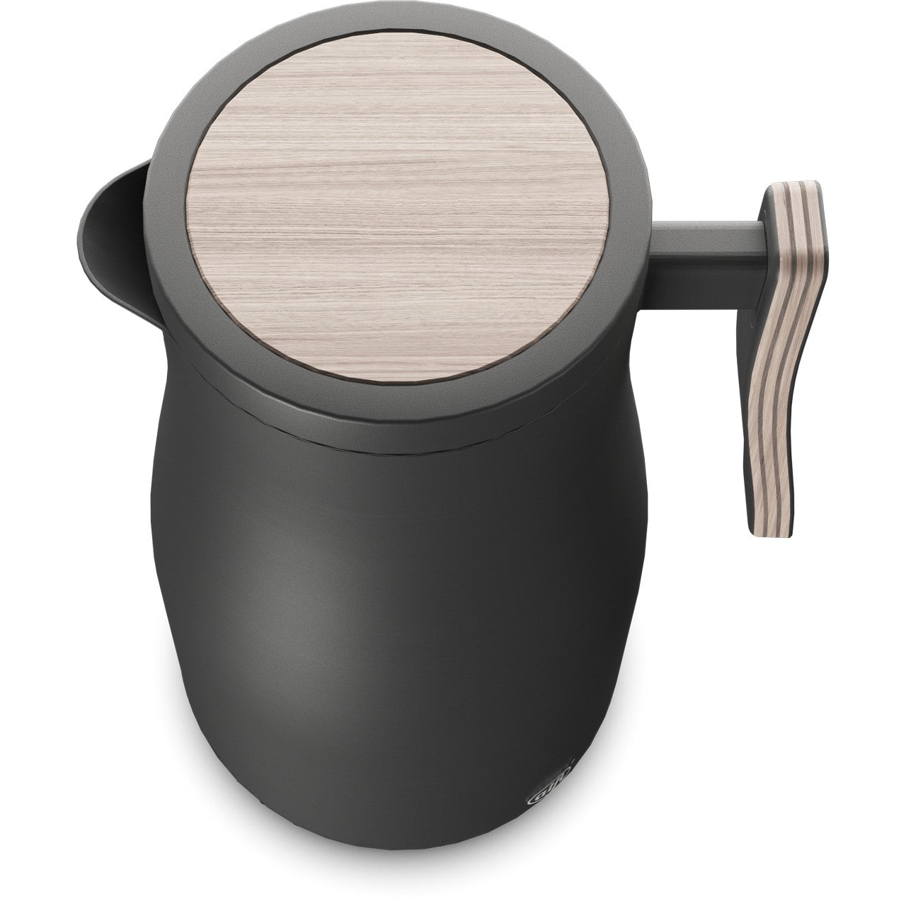 Das Bild zeigt eine schwarze Kanne mit einem runden, hellen Holzdeckel. An der Seite befindet sich ein Griff aus dem gleichen hellen Holz. Die Form ist schlicht und modern.