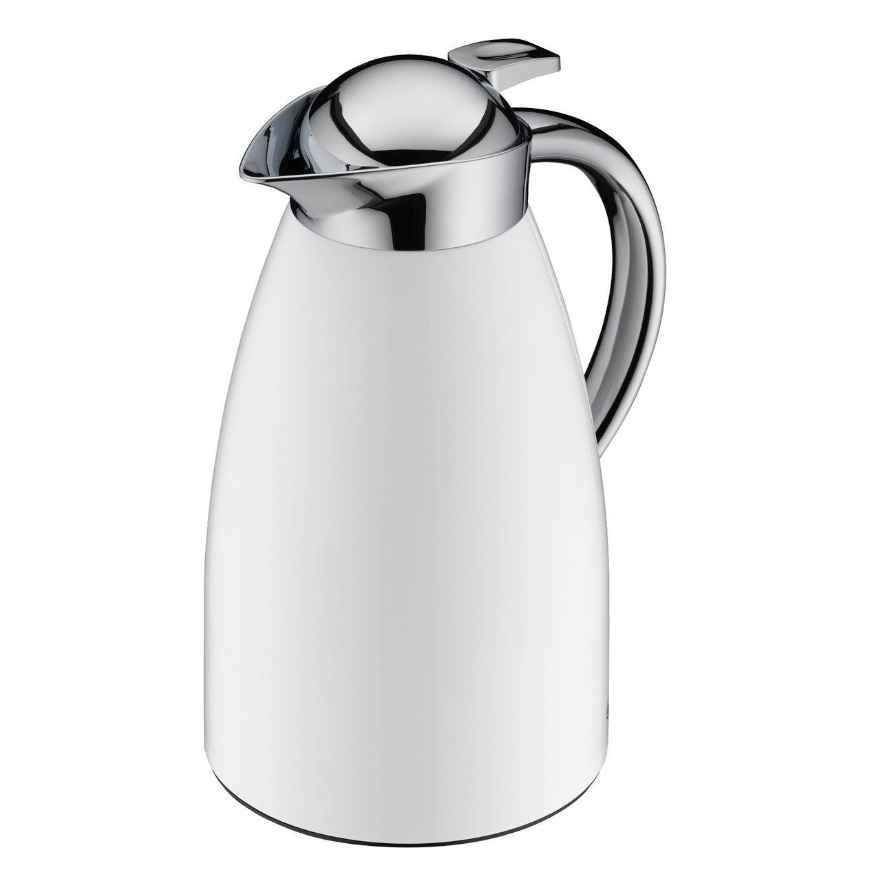 Das Bild zeigt eine elegante Thermoskanne mit einer glänzenden, metallischen Oberfläche am Deckel und Griff. Die Kanne selbst hat eine glatte, weiße Oberfläche. Sie vermittelt ein modernes und stilvolles Design.