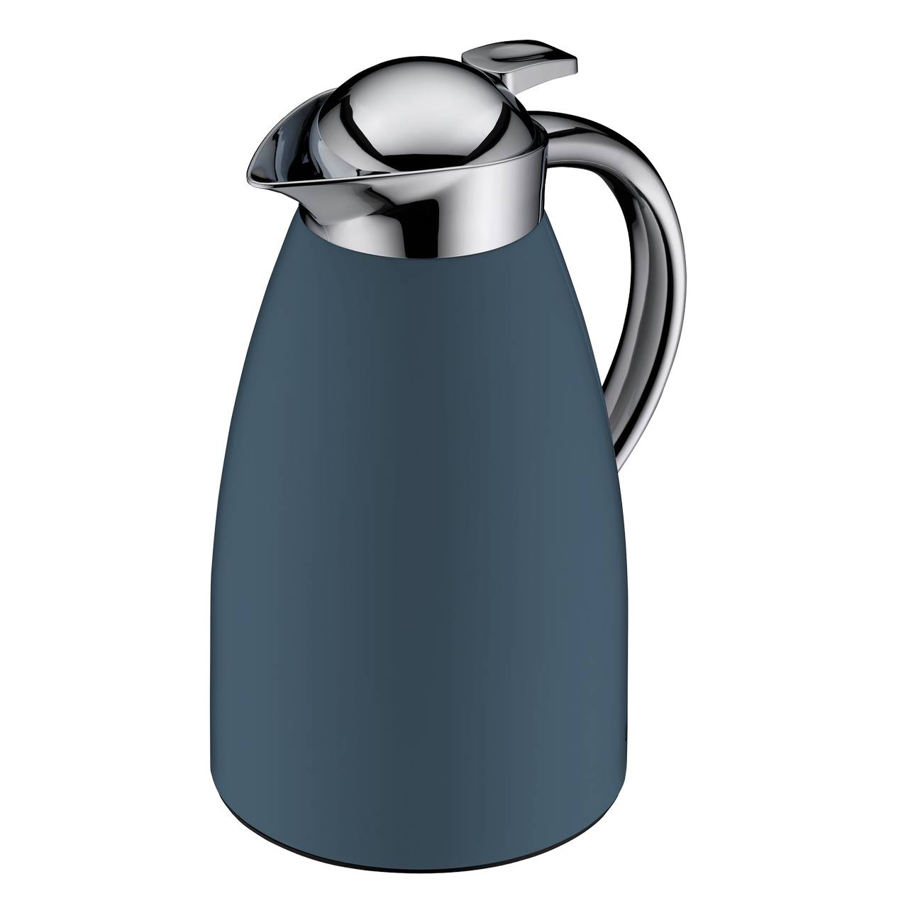 Das Bild zeigt eine moderne, dunkelblaue Thermoskanne mit glänzendem, silbernem Deckel und Griff. Der Deckel hat eine runde Form und der Griff ist elegant gebogen. Die Oberfläche der Kanne wirkt glatt und matt.