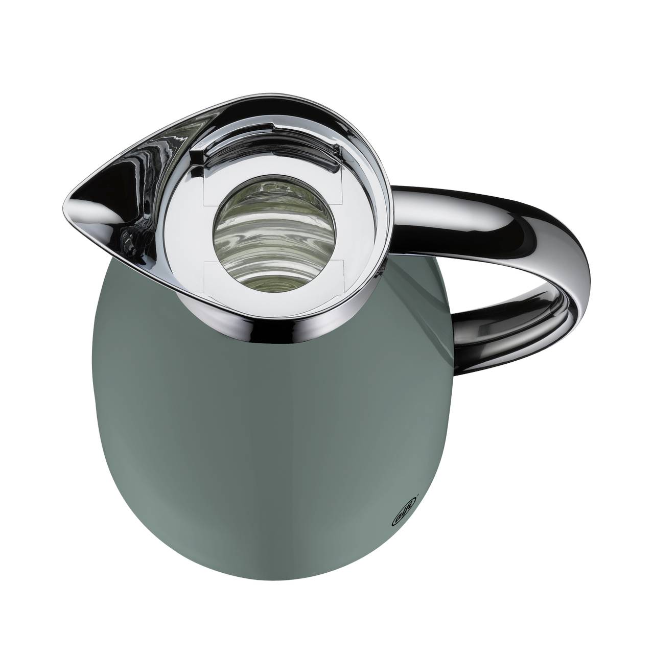 Das Bild zeigt eine elegante, moderne Thermoskanne aus Metall in einem sanften Grünton mit einem glänzenden, silbernen Deckel und Griff. Der Blickwinkel ist von oben, sodass die Öffnung und der kreisförmige Einsatz erkennbar sind.