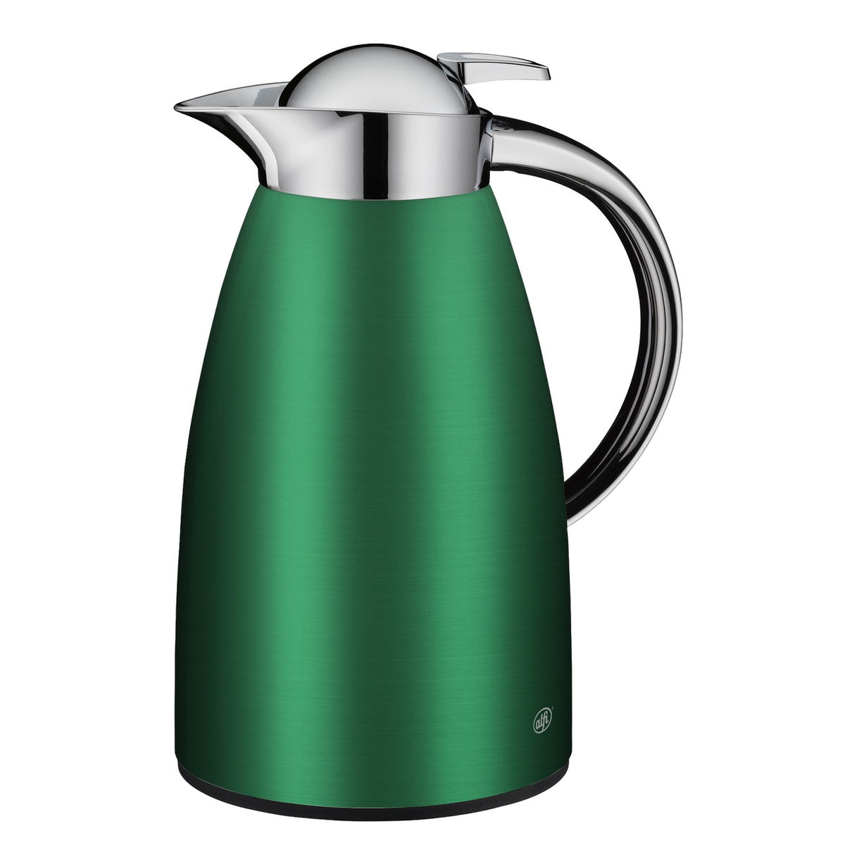Das Bild zeigt eine elegante, grüne Thermoskanne mit einem glänzenden, silberfarbenen Deckel und Griff. Die Kanne hat eine moderne, bauchige Form und der Deckel hat einen Hebelmechanismus zum Ausgießen.