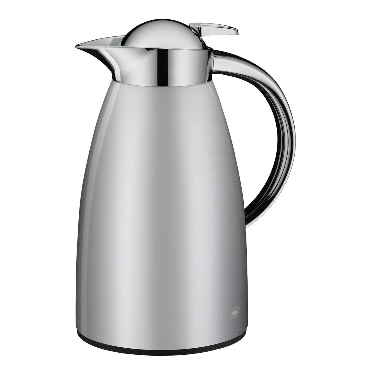 Auf dem Bild ist eine elegante, silberne Thermoskanne mit glänzender Oberfläche zu sehen. Sie hat einen geschwungenen Ausguss und einen ergonomisch geformten Griff.