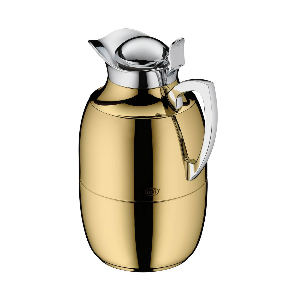 Das Bild zeigt eine glänzende, goldene Thermoskanne mit einem eleganten Design. Sie hat einen silbernen Deckel und Griff. Die Oberfläche ist glatt und reflektierend.