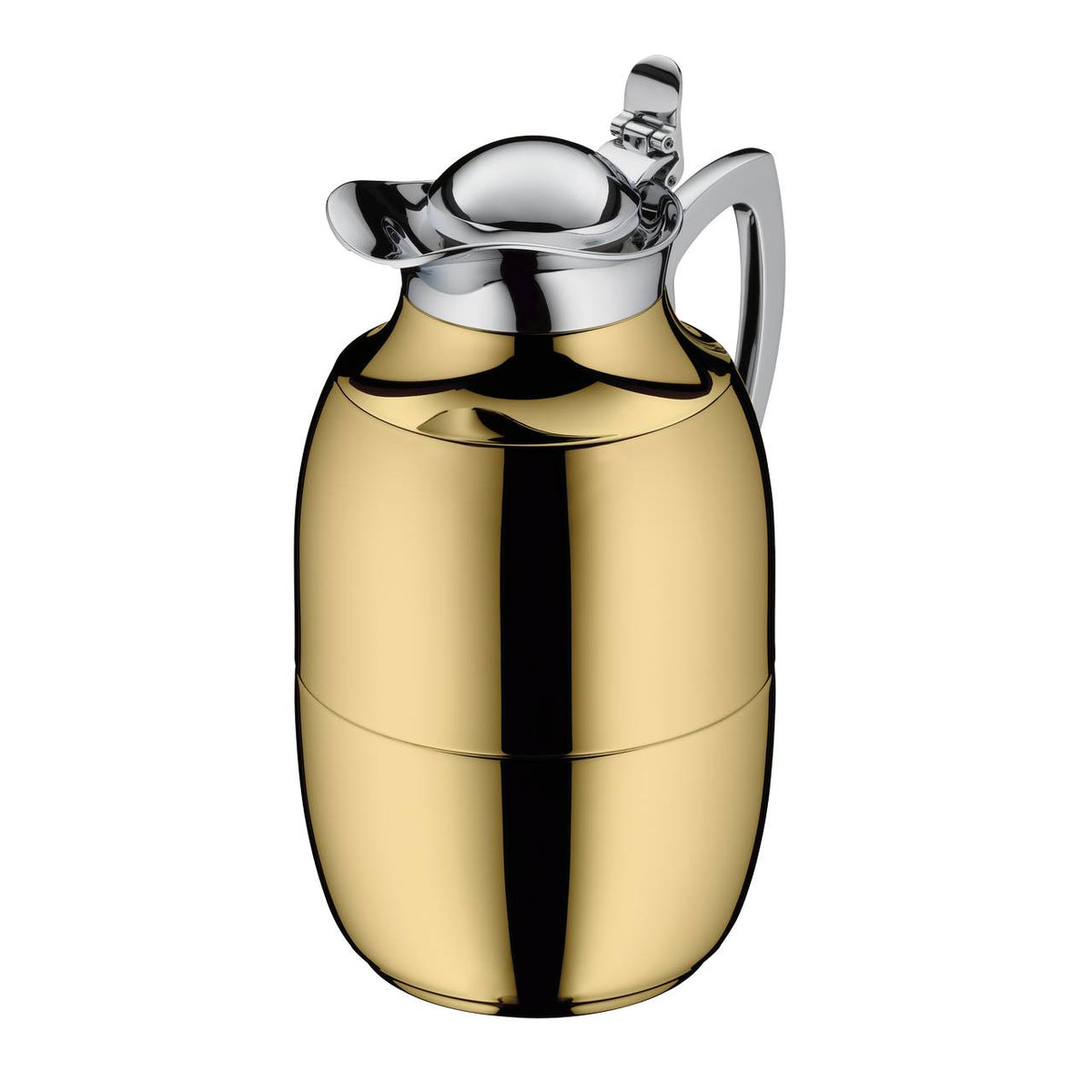 Das Bild zeigt eine glänzende, goldfarbene Isolierkanne mit silbernem Deckel und Griff. Die Form ist elegant und bauchig.