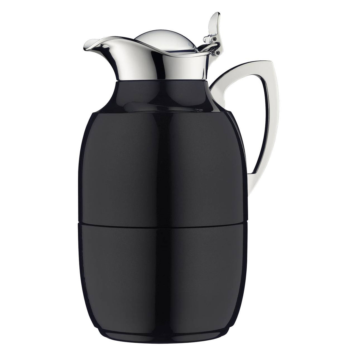 Es ist eine stilvolle schwarze Thermoskanne mit glänzendem, silbernem Deckel und Griff. Die Form ist elegant und ergonomisch, ideal für heiße Getränke.