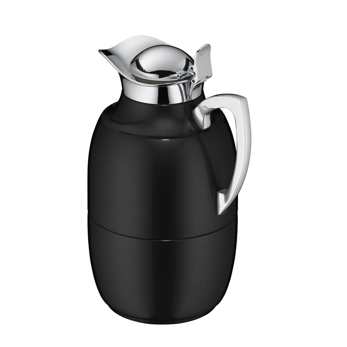 Das Bild zeigt eine schwarze Thermoskanne mit einem glänzenden, silberfarbenen Deckel und Henkel. Sie hat eine bauchige Form und wirkt elegant und modern.