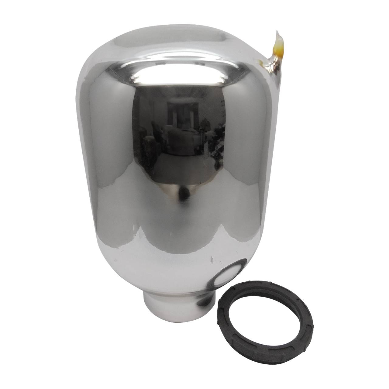 Das Bild zeigt einen silbernen, abgerundeten Metallbehälter mit einem glänzenden Finish, der eine reflektierende Oberfläche hat. Daneben liegt ein schwarzer, kreisförmiger Ring, wahrscheinlich aus Gummi oder Kunststoff.