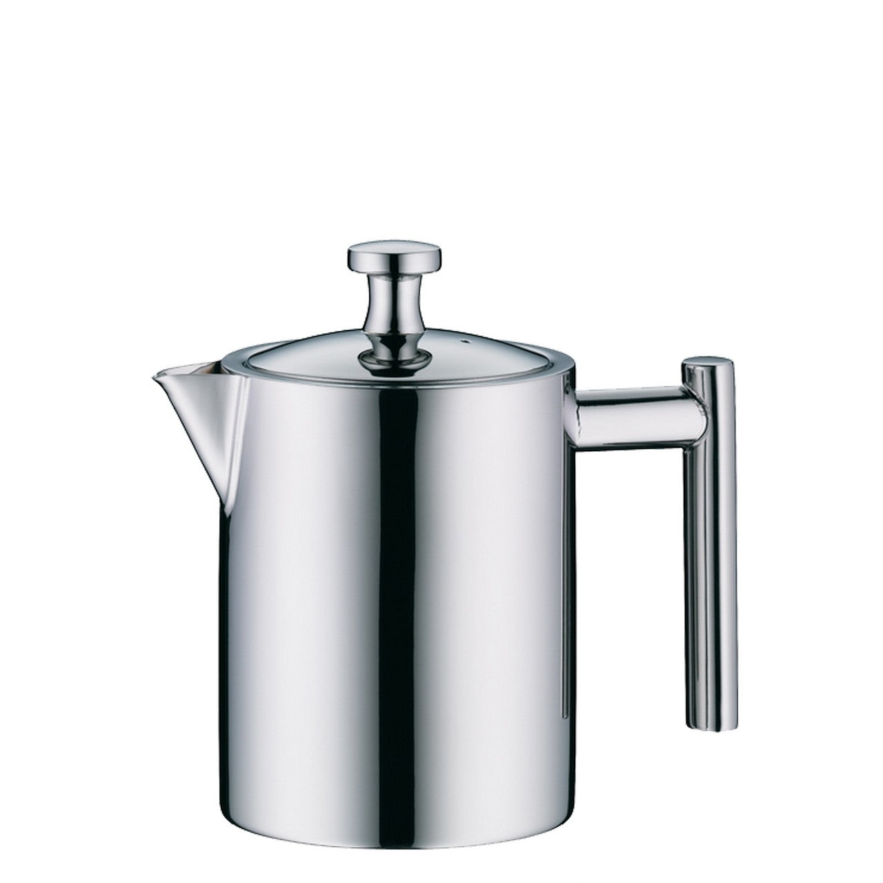 Das Bild zeigt eine glänzende silberne Teekanne aus Metall mit einem zylindrischen Körper und einem langen, senkrechten Griff. Der Deckel hat einen Knauf, und die Kanne hat eine kleine Tülle auf der linken Seite.