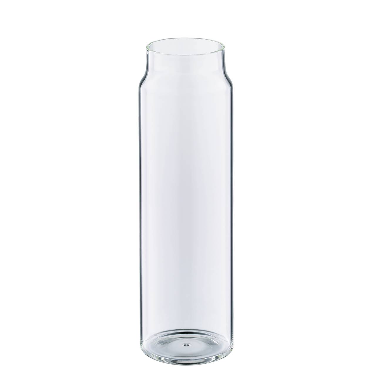 Das Bild zeigt eine hohe, schlanke Glasvase mit einer geraden Form. Die Vase ist durchsichtig und hat einen leicht verdickten Rand oben. Sie steht vor einem weißen Hintergrund.