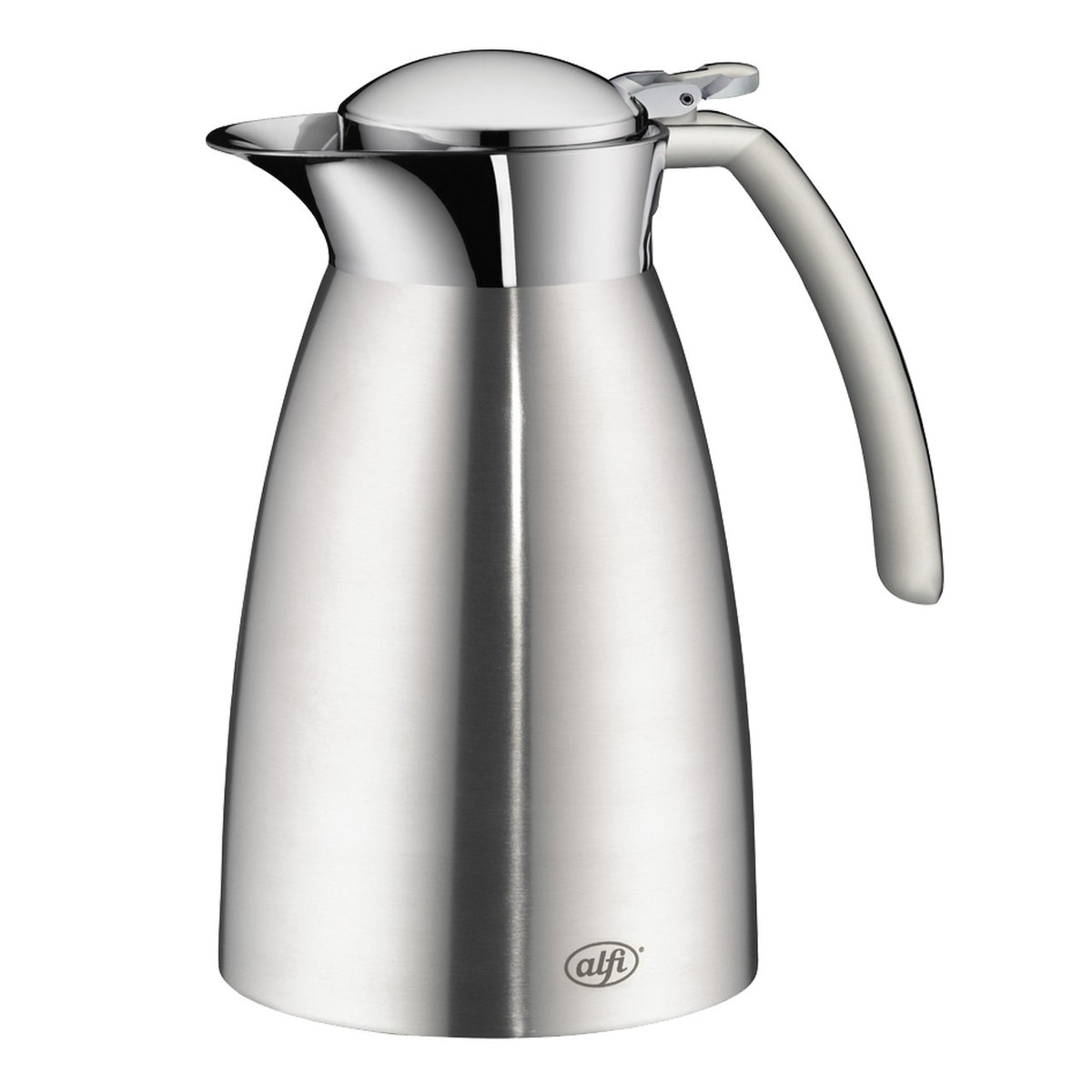 Auf dem Bild ist eine metallene Thermoskanne in einem modernen Design zu sehen. Sie hat einen bauchigen Körper, einen schmalen Ausguss und einen geschwungenen Henkel. Die Oberfläche ist glänzend und reflektiert das Licht.