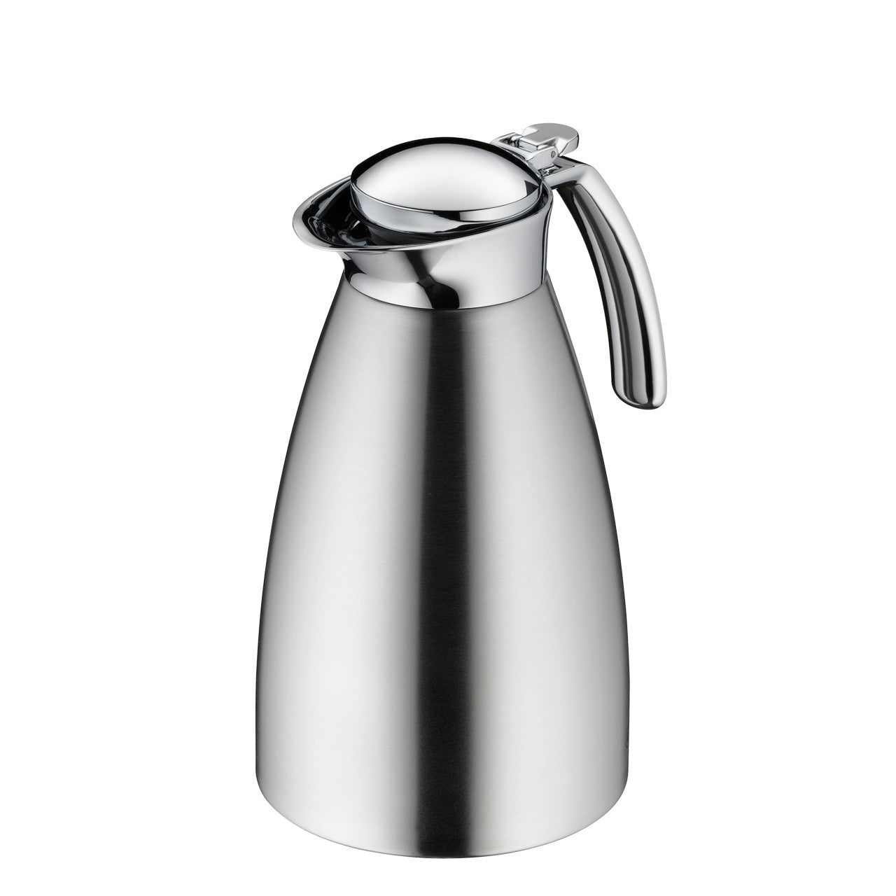 Das Bild zeigt eine metallisch glänzende Thermoskanne mit einem schlanken, modernen Design. Der Deckel ist leicht gewölbt und hat einen ergonomischen Griff. Die Kanne ist silbern und hat eine glatte Oberfläche.