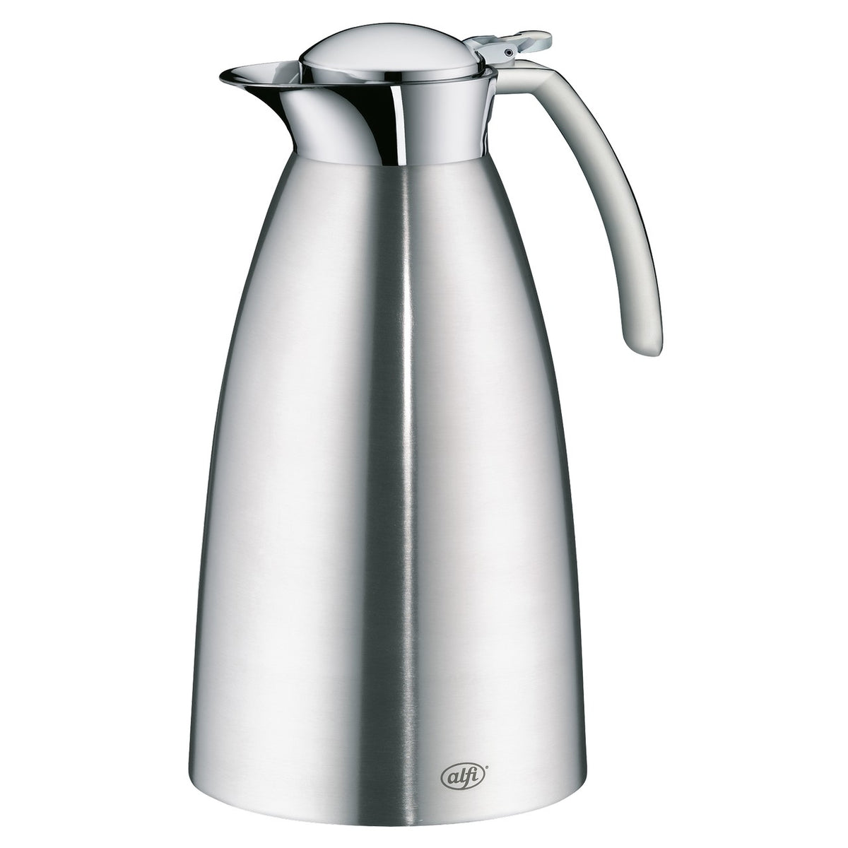 Das Bild zeigt eine elegante, silberne Thermoskanne mit glänzender Oberfläche und einem ergonomischen Griff. Die Kanne hat eine geschwungene Form und wirkt sehr modern und stilvoll.